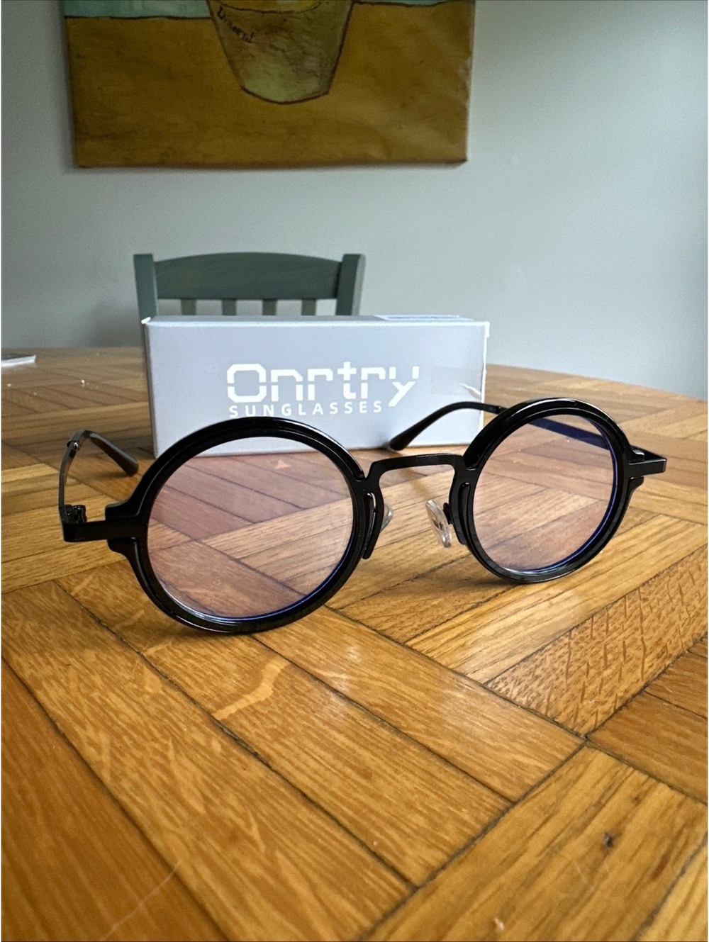 Onrtry Small Round Blue Light Blocking Glasses Black Frame Pink Tint Open Box